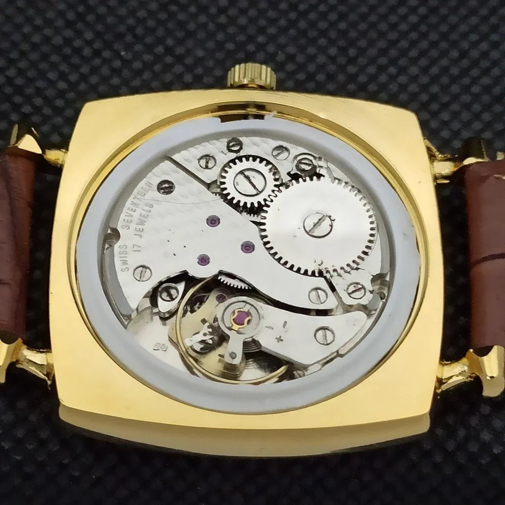 Vintage 1969 Henri Sandoz Mens Gold Watch W/Leather Strap & White Face Brown Acn - Picture 9 of 9